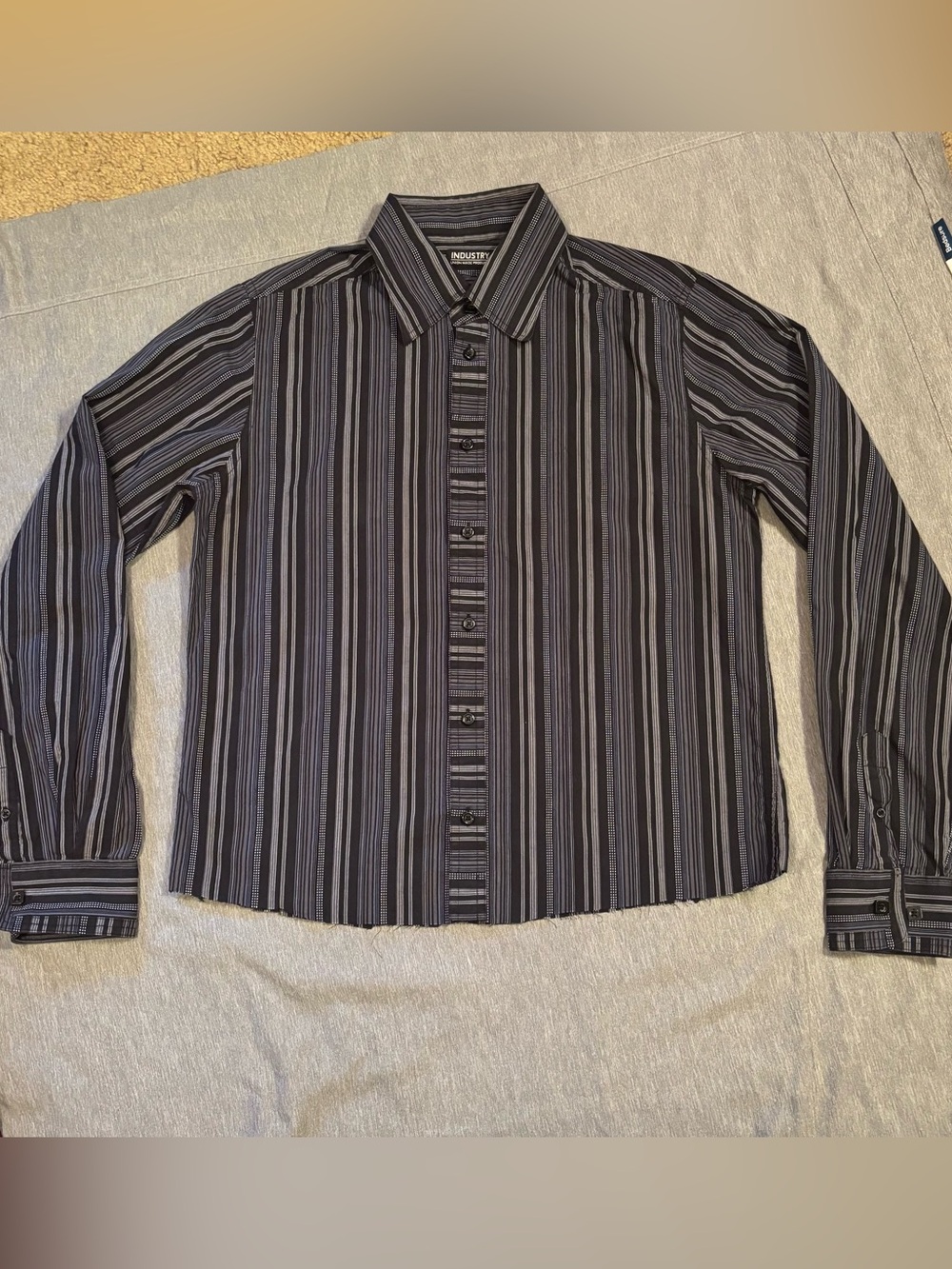 Boxy Striped Button-Down Union Made Shirt in Navy, Black and Gray size medium